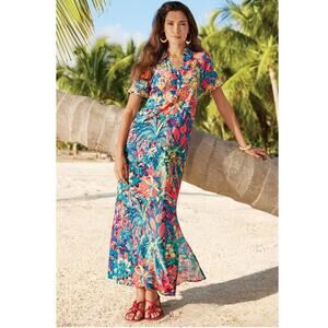 Soft Surroundings Sz L Petite Florence Dress Floral Midi Coastal Vacation Cruise